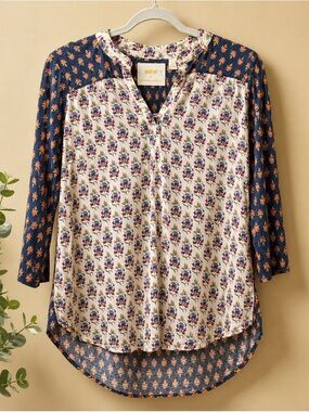 Maeve by Anthropologie Mixed Print Boho Tunic Top Size Small Floral 3/4 Sleeve